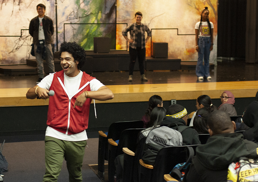 The actor Eric Esquivel, who plays Andre in the new Ghosted show leads a question and answer session on mental health and wellness at Oakland High School after the debut of the new show.